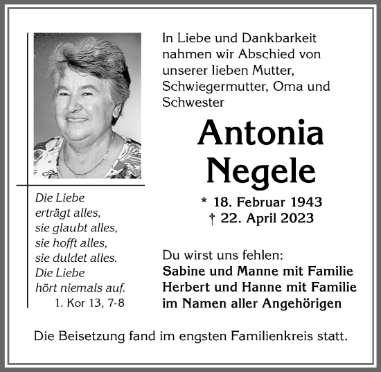 Traueranzeige von Antonia Negele von Allgäuer Zeitung,Kempten