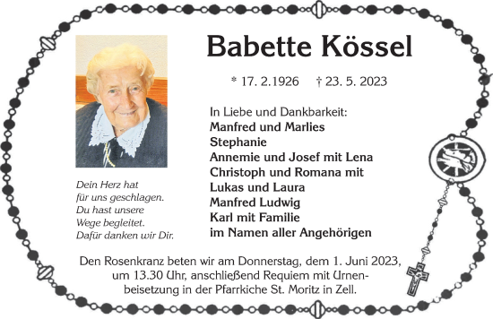 Traueranzeige von Babette Kössel von Allgäuer Zeitung, Füssen