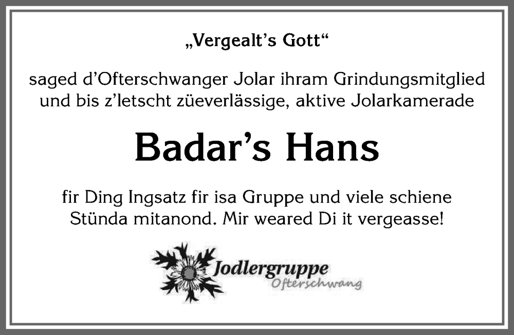  Traueranzeige für Badar’s Hans vom 26.05.2023 aus Allgäuer Anzeigeblatt