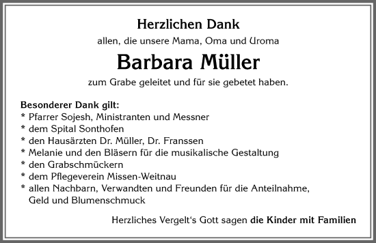 Traueranzeige von Barbara Müller von Allgäuer Anzeigeblatt