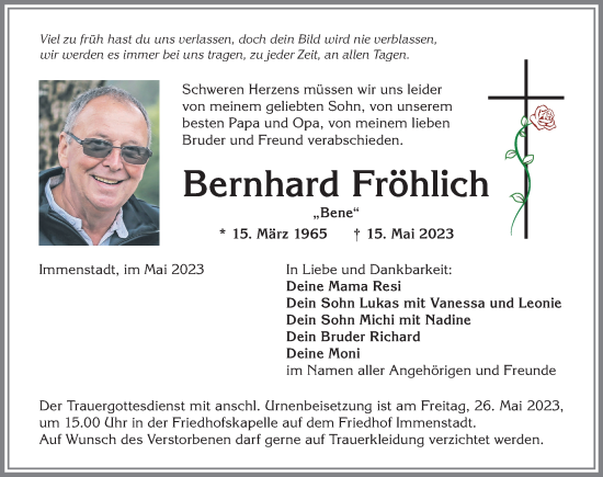 Traueranzeige von Bernhard Fröhlich von Allgäuer Anzeigeblatt