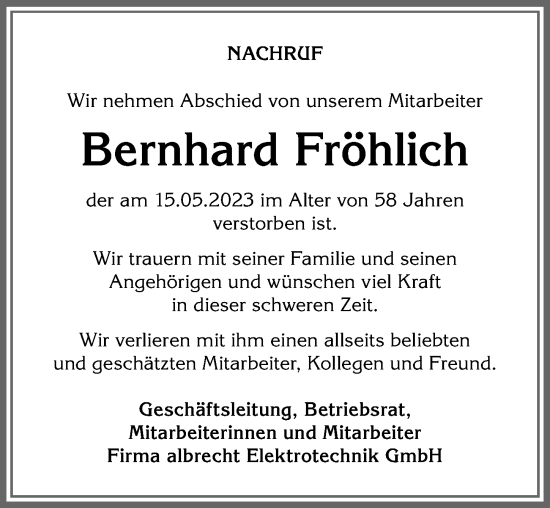 Traueranzeige von Bernhard Fröhlich von Allgäuer Anzeigeblatt