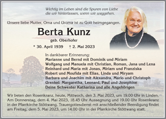 Traueranzeige von Berta Kunz von Allgäuer Zeitung, Kaufbeuren/Buchloe