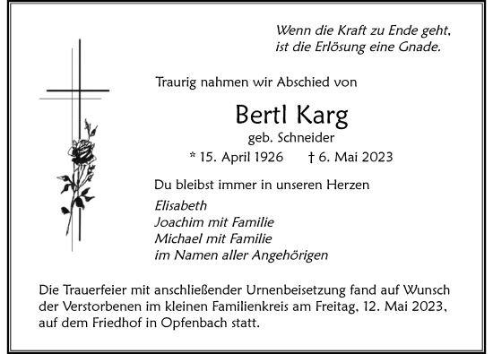 Traueranzeige von Bertl Karg von Der Westallgäuer