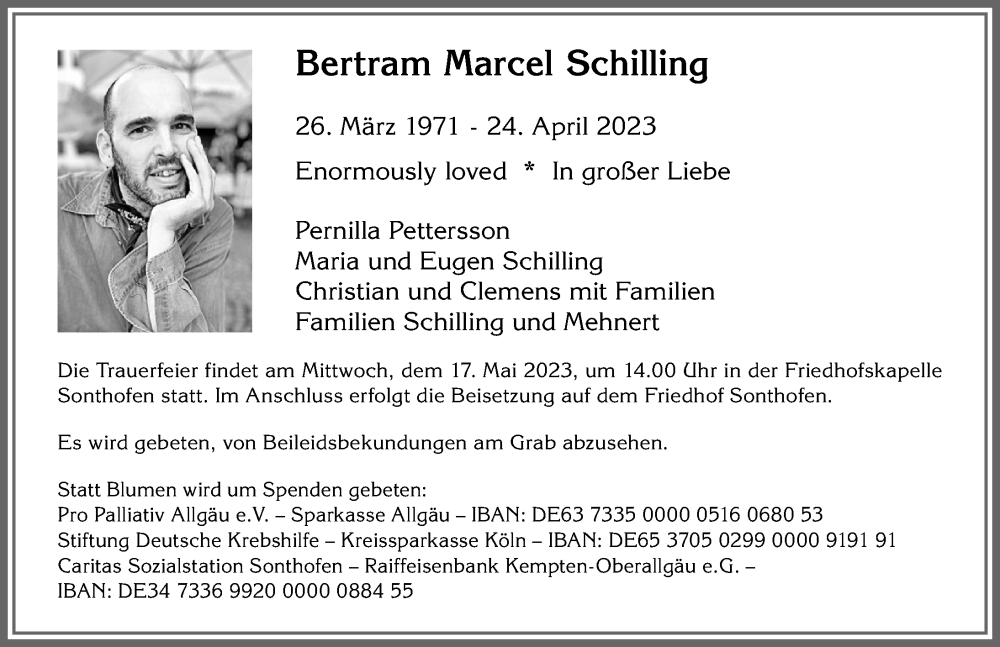  Traueranzeige für Bertram Marcel Schilling vom 06.05.2023 aus Allgäuer Anzeigeblatt