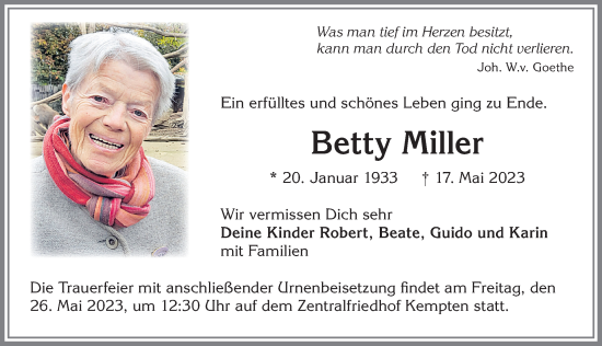 Traueranzeige von Betty Miller von Allgäuer Zeitung,Kempten