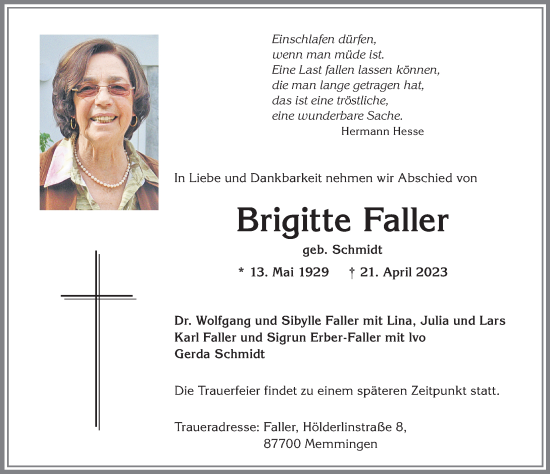 Traueranzeige von Brigitte Faller von Allgäuer Zeitung,Kempten