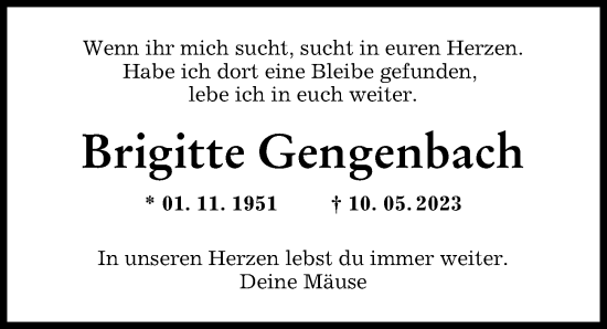 Traueranzeige von Brigitte Gengenbach von Memminger Zeitung