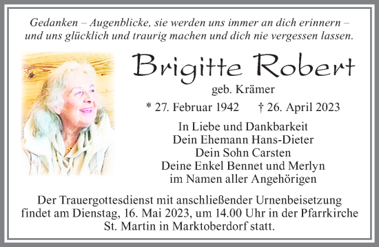 Traueranzeige von Brigitte Robert von Allgäuer Zeitung, Marktoberdorf