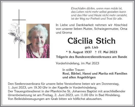 Traueranzeige von Cäcilia Stich von Allgäuer Anzeigeblatt