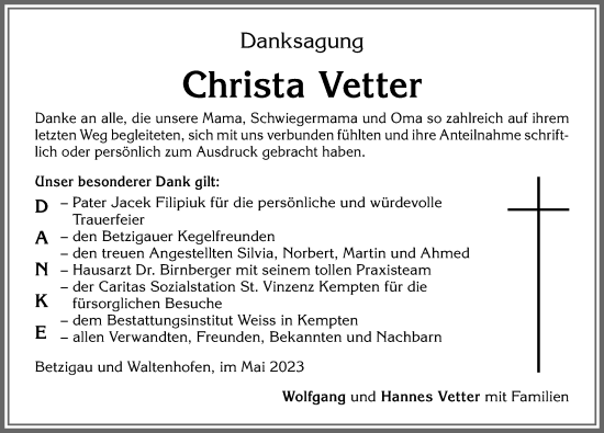 Traueranzeige von Christa Vetter von Allgäuer Zeitung,Kempten