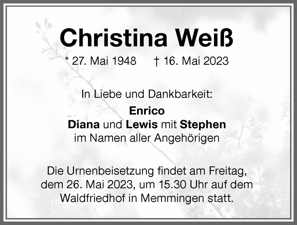  Traueranzeige für Christina Weiß vom 23.05.2023 aus Memminger Zeitung
