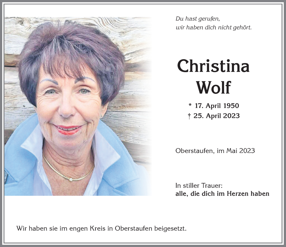  Traueranzeige für Christina Wolf vom 09.05.2023 aus Allgäuer Anzeigeblatt