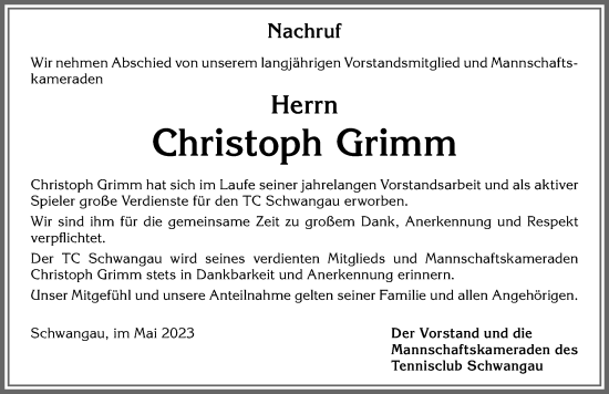 Traueranzeige von Christoph Grimm von Allgäuer Zeitung, Füssen