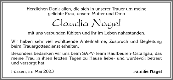 Traueranzeige von Claudia Nagel von Allgäuer Zeitung, Füssen
