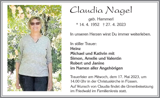 Traueranzeige von Claudia Nagel von Allgäuer Zeitung, Füssen