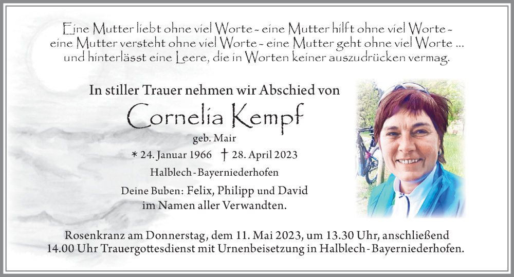  Traueranzeige für Cornelia Kempf vom 09.05.2023 aus Allgäuer Zeitung, Füssen