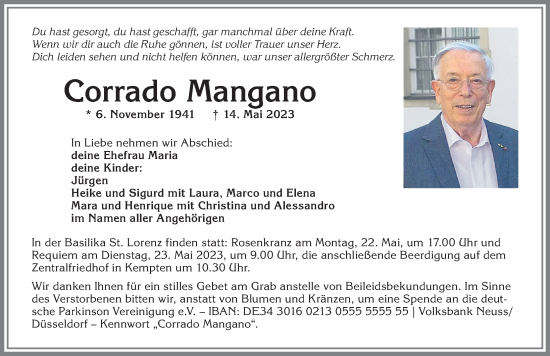 Traueranzeige von Corrado Mangano von Allgäuer Zeitung,Kempten