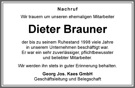 Traueranzeige von Dieter Brauner von Allgäuer Zeitung, Kaufbeuren/Buchloe