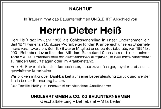 Traueranzeige von Dieter Heiß von Memminger Zeitung