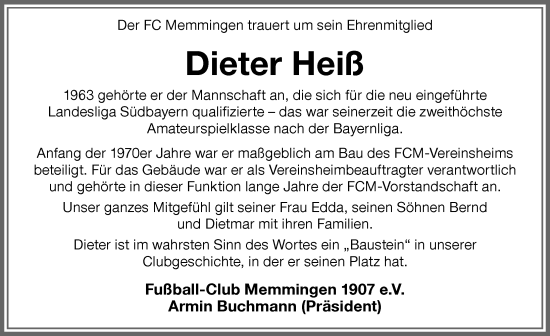 Traueranzeige von Dieter Heiß von Memminger Zeitung