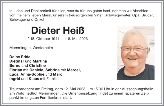 Traueranzeige von Dieter Heiß von Memminger Zeitung