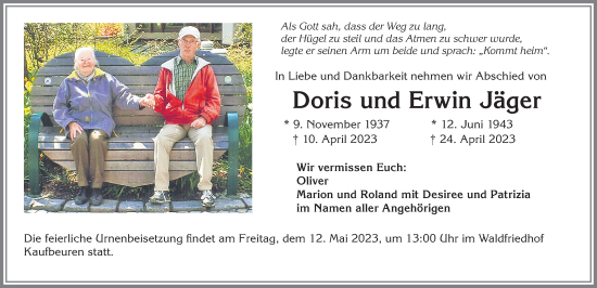 Traueranzeige von Doris Jäger von Allgäuer Zeitung, Kaufbeuren/Buchloe