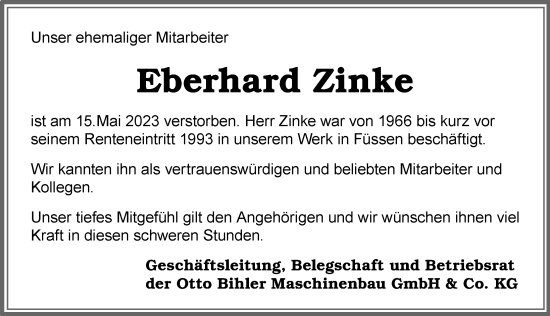 Traueranzeige von Eberhard Zinke von Allgäuer Zeitung, Füssen