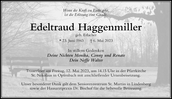 Traueranzeige von Edeltraud Haggenmiller von Der Westallgäuer