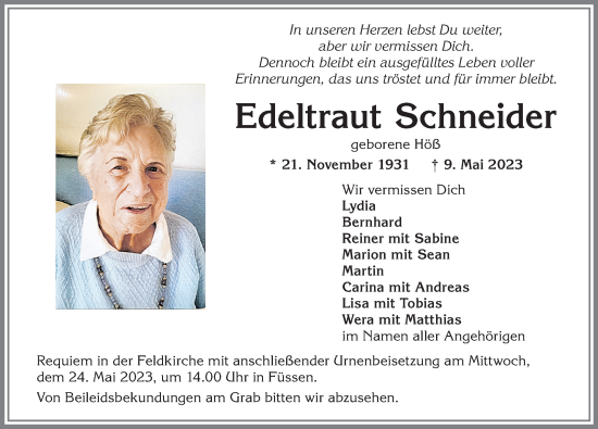 Traueranzeige von Edeltraut Schneider von Allgäuer Zeitung, Füssen