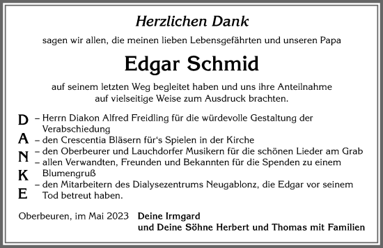Traueranzeige von Edgar Schmid von Allgäuer Zeitung, Kaufbeuren/Buchloe