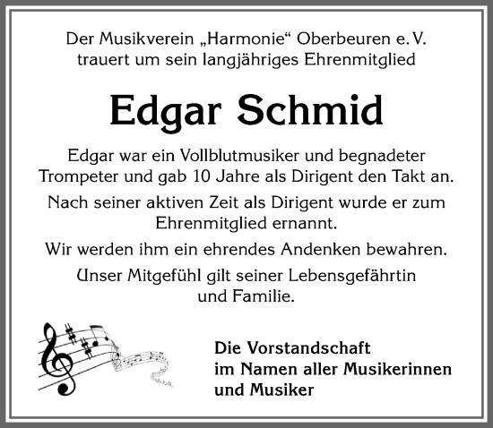 Traueranzeige von Edgar Schmid von Allgäuer Zeitung, Kaufbeuren/Buchloe