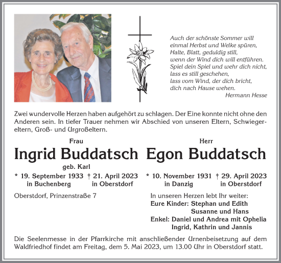 Traueranzeige von Egon Buddatsch von Allgäuer Anzeigeblatt