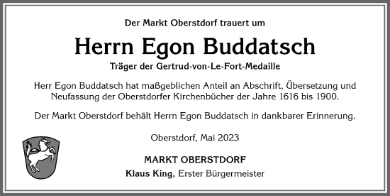 Traueranzeige von Egon Buddatsch von Allgäuer Anzeigeblatt