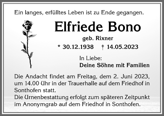 Traueranzeige von Elfriede Bono von Allgäuer Anzeigeblatt