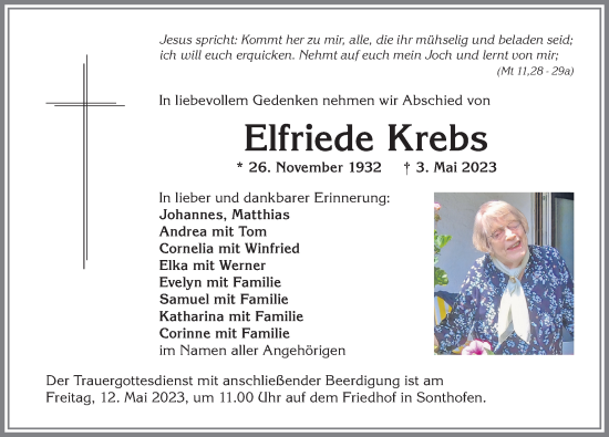 Traueranzeige von Elfriede Krebs von Allgäuer Anzeigeblatt