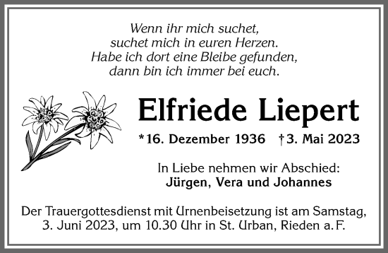 Traueranzeige von Elfriede Liepert von Allgäuer Zeitung, Füssen