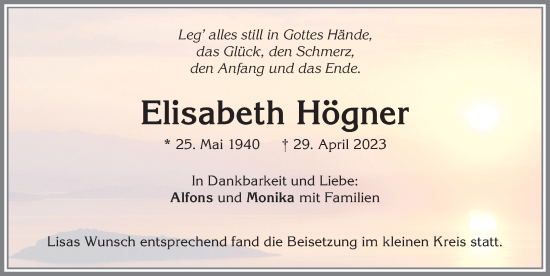 Traueranzeige von Elisabeth Högner von Allgäuer Zeitung,Kempten