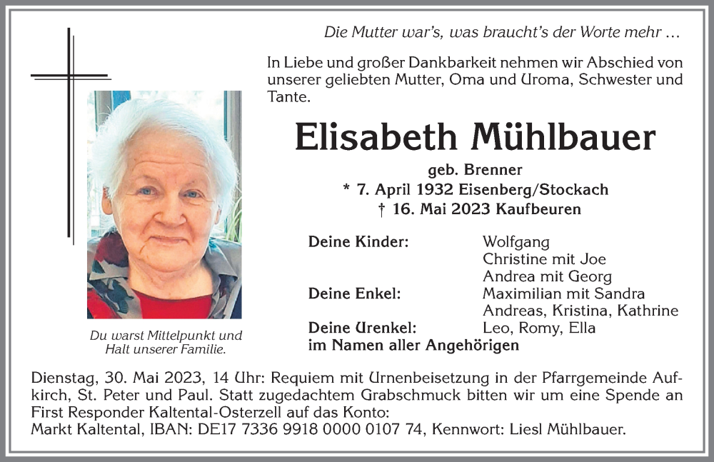 Traueranzeige für Elisabeth Mühlbauer vom 26.05.2023 aus Allgäuer Zeitung, Kaufbeuren/Buchloe