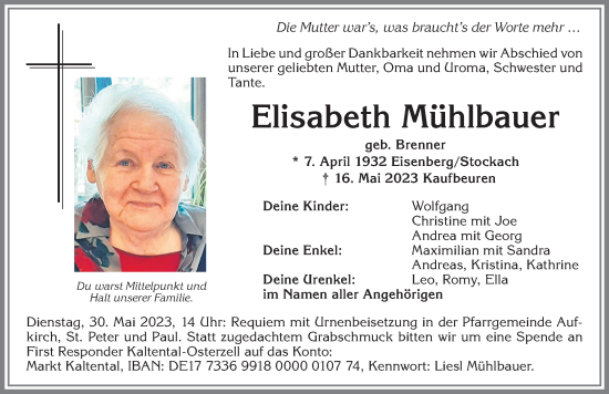 Traueranzeige von Elisabeth Mühlbauer von Allgäuer Zeitung, Kaufbeuren/Buchloe