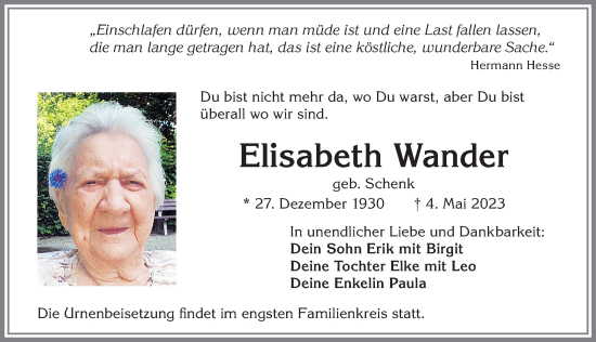 Traueranzeige von Elisabeth Wander von Allgäuer Zeitung, Kaufbeuren/Buchloe