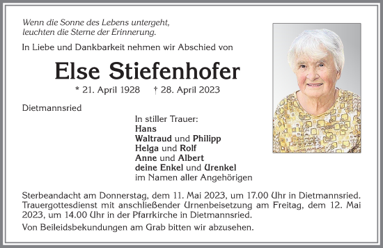 Traueranzeige von Else Stiefenhofer von Allgäuer Zeitung,Kempten