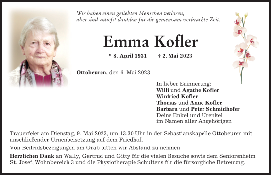 Traueranzeige von Emma Kofler von Memminger Zeitung