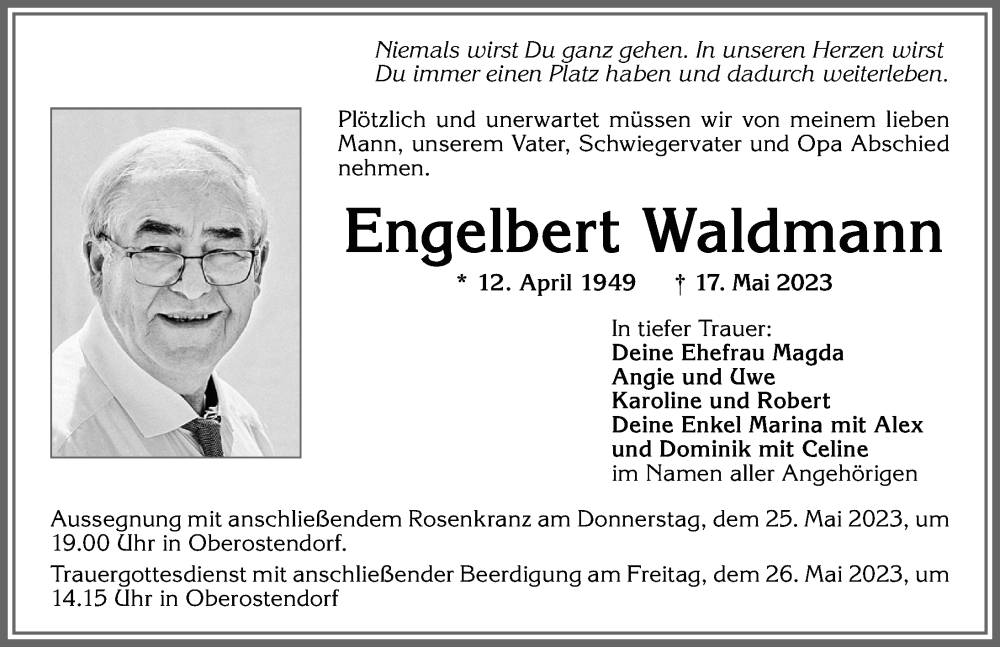  Traueranzeige für Engelbert Waldmann vom 23.05.2023 aus Allgäuer Zeitung, Kaufbeuren/Buchloe