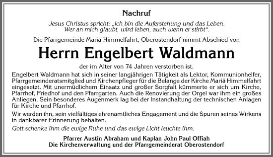 Traueranzeige von Engelbert Waldmann von Allgäuer Zeitung, Kaufbeuren/Buchloe