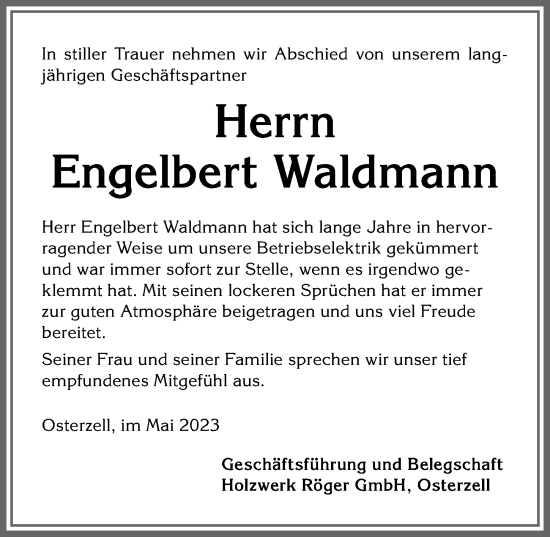 Traueranzeige von Engelbert Waldmann von Allgäuer Zeitung, Kaufbeuren/Buchloe