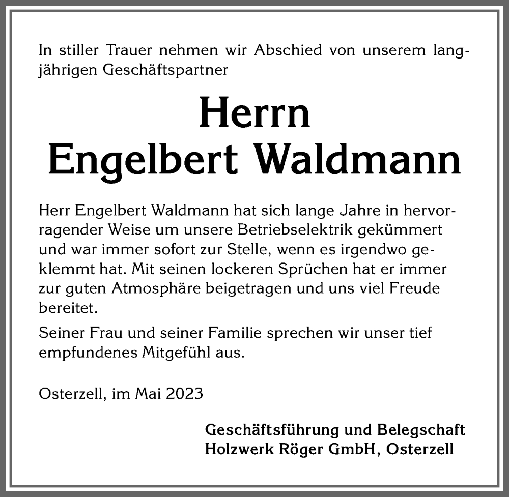  Traueranzeige für Engelbert Waldmann vom 26.05.2023 aus Allgäuer Zeitung, Kaufbeuren/Buchloe