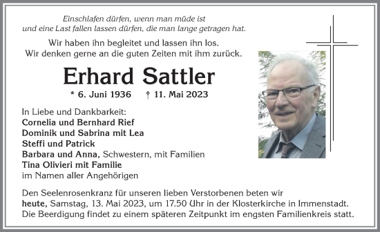 Traueranzeige von Erhard Sattler von Allgäuer Anzeigeblatt