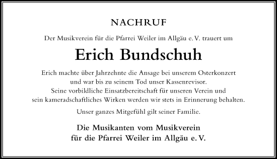 Traueranzeige von Erich Bundschuh von Der Westallgäuer