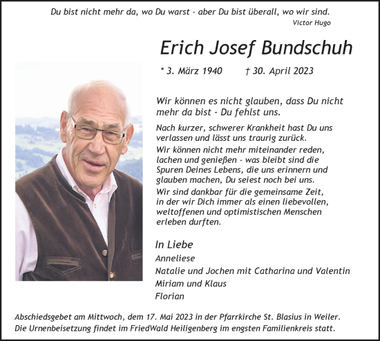 Traueranzeige von Erich Josef Bundschuh von Der Westallgäuer